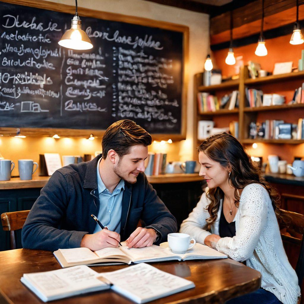 A cozy coffee shop setting with a couple engaged in deep conversation, surrounded by open books and notebooks filled with notes on relationships. Soft, warm lighting enhances the romantic atmosphere, while heart-shaped steam rises from their mugs. In the background, a chalkboard displays inspirational quotes about love and connection. soft focus. vibrant colors. painting.