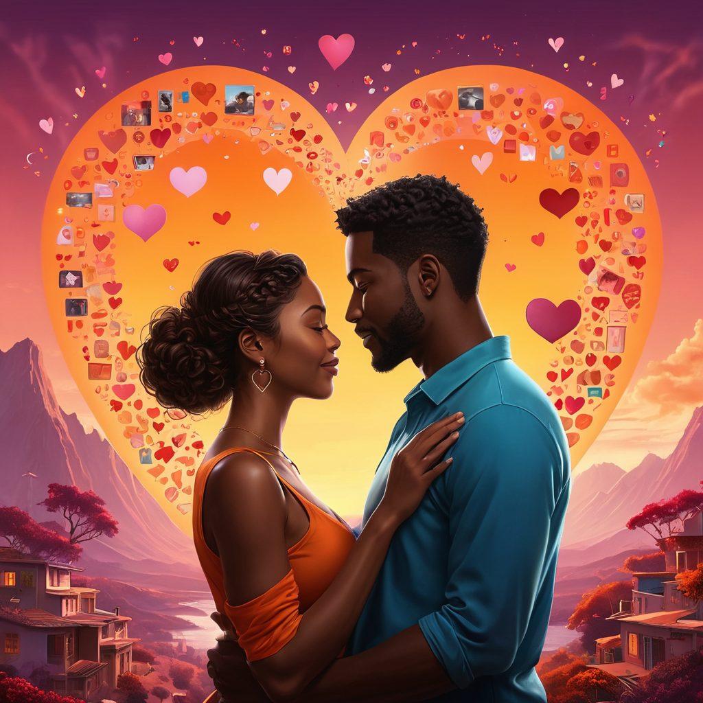 A digital landscape depicting a diverse couple sharing a heartfelt moment, surrounded by symbols of digital communication like messages, hearts, and video calls, illustrating the journey from courtship to commitment. Include warm colors and soft lighting to evoke emotions of love and connection. The background can feature silhouettes of couples, highlighting the theme of relationships in a digital age. super-realistic. vibrant colors. digital art.