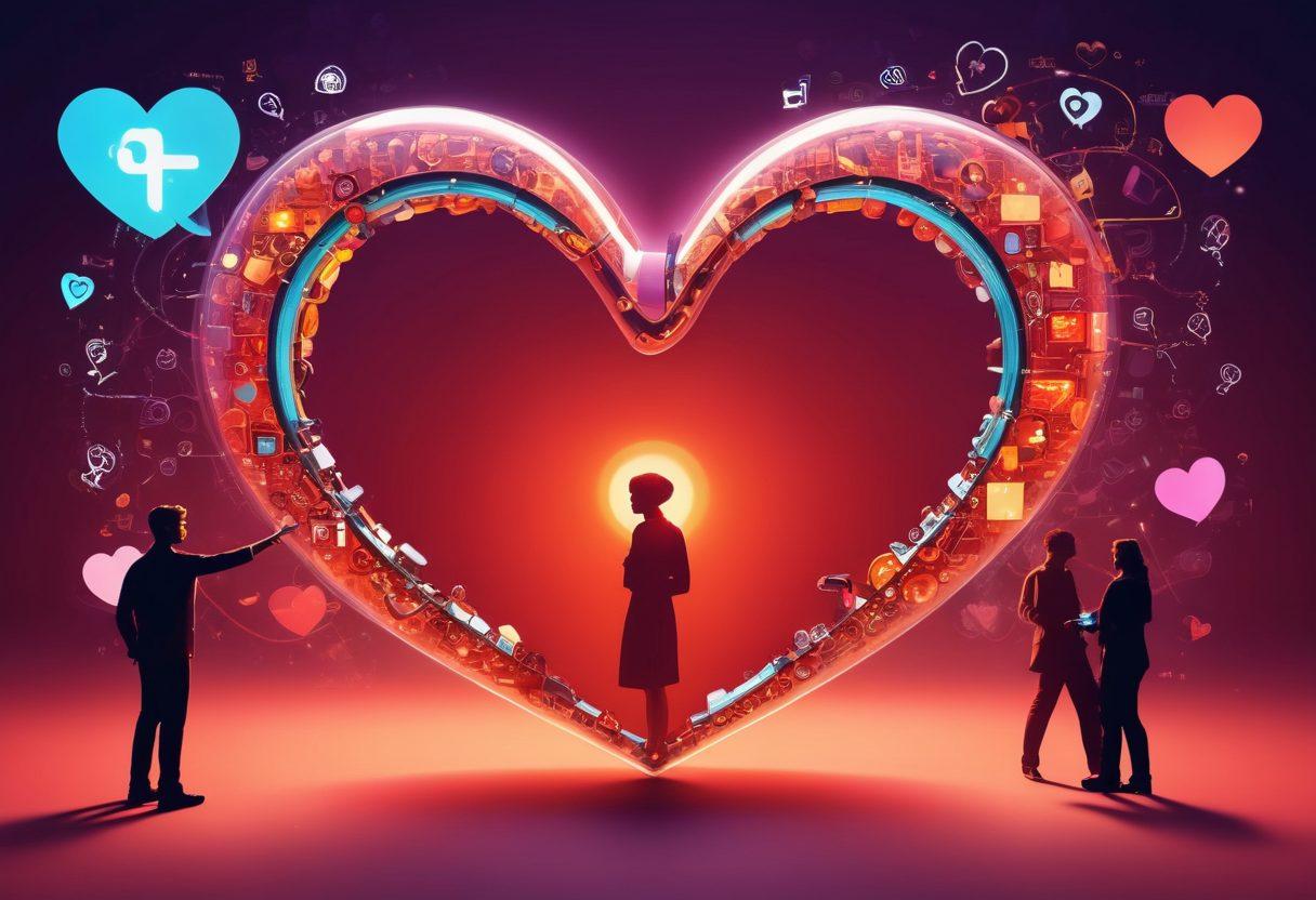 A heart-shaped lock being opened by a vintage key, surrounded by a digital world of swirling love icons, chat bubbles, and glowing hearts representing modern matchmaking techniques. In the background, a silhouette of diverse couples connecting through technology. The scene is vibrant and inviting, evoking a sense of romance and possibility. digital art. vibrant colors. soft focus.